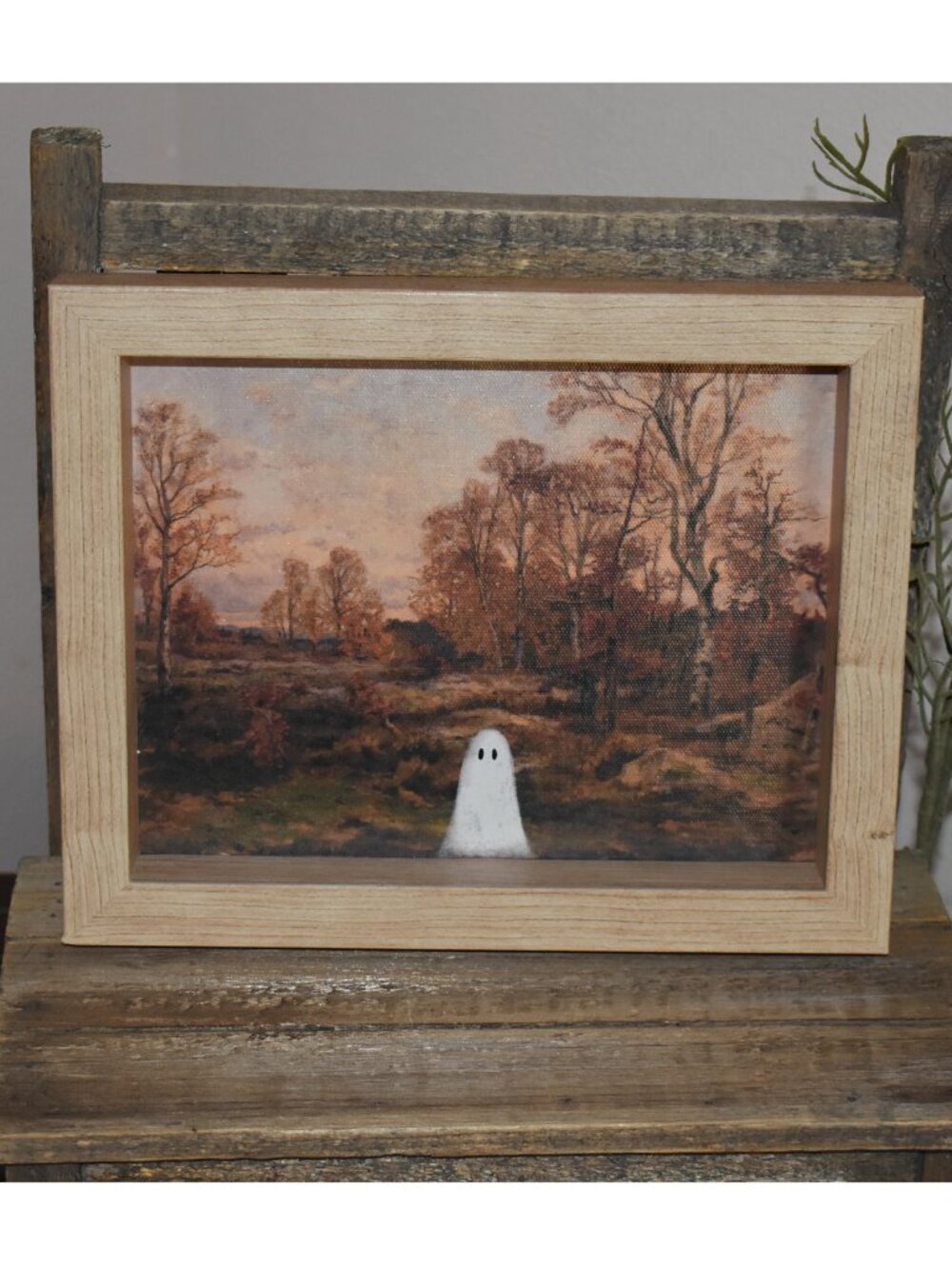 Cottage Farmhouse Framed Ghost Forest Picture Wall Art Fall Halloween Decor